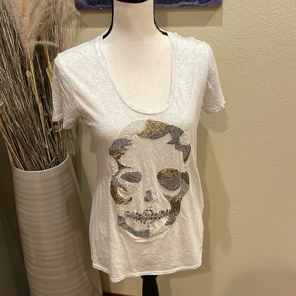 Rare Zadig & Voltaire Deluxe Gray Gold Silver Hand Beaded Skull T-Shirt M